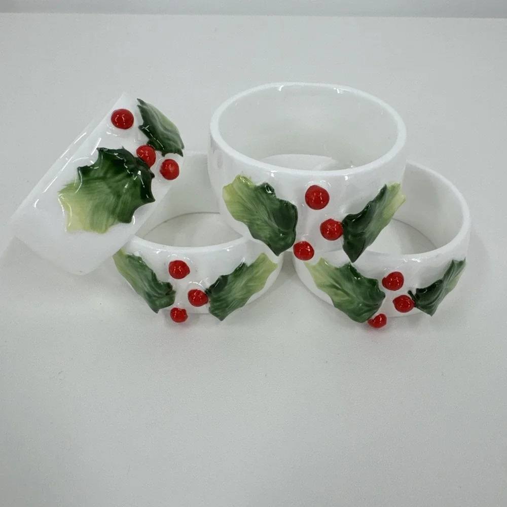 Vintage Himark‎ Holidays Holly Ceramic Napkin Ring Set of 4 Retro Christmas